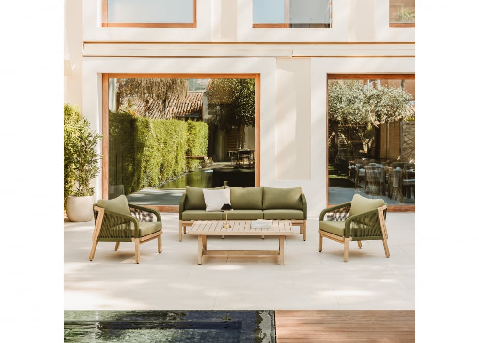 Tuinset met 3-zitsbank, 2 fauteuils en salontafel van acaciahout Dubai - Leger Groen