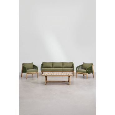 Woonkamerset Met 3-zitsbank, 2 Fauteuils En Salontafel Van Acaciahout Dubai Leger Groen – Koel & Rustiek Acaciabruin - Sklum