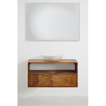 Badkamermeubelset Van Mangohout Baty Mangohout & Rond Cement Wit Ø40 Cm Zavion & Rechthoekige Led En Anticondens 100x70 Cm Tamsin & Zonder Kraan -