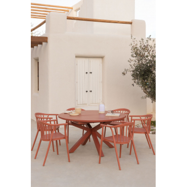 Set Van 145-200x145 Cm Ronde Uitschuifbare Tafel In Barces Aluminium En 6 Stapelbare Tuinstoelen Met Ivor Armleuningen Terracota - Sklum