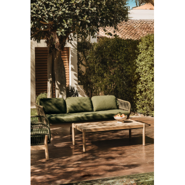 Tuinset Met 3-zitsbank En Rechthoekige Salontafel 120x60 Cm Van Aluminium En Acaciahout Karvia Lichte Acaciekleur & Bouclé Groen – Salie - Sklum