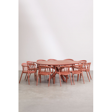 Set Van 145-200x145 Cm Ronde Uitschuifbare Tafel In Barces Aluminium En 10 Stapelbare Tuinstoelen Met Ivor Armleuningen Terracota - Sklum
