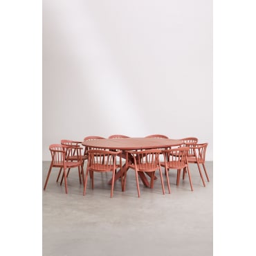 Set Van 145-200x145 Cm Ronde Uitschuifbare Tafel In Barces Aluminium En 10 Stapelbare Tuinstoelen Met Ivor Armleuningen Terracota - Sklum