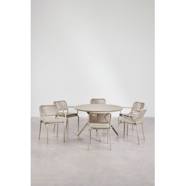 Ronde Tafelset Valerie, Ø125 Cm, En 6 Stapelbare Eetkamerstoelen Met Armleuningen Van Arhiza Aluminium. Bruin - Mokka - Sklum