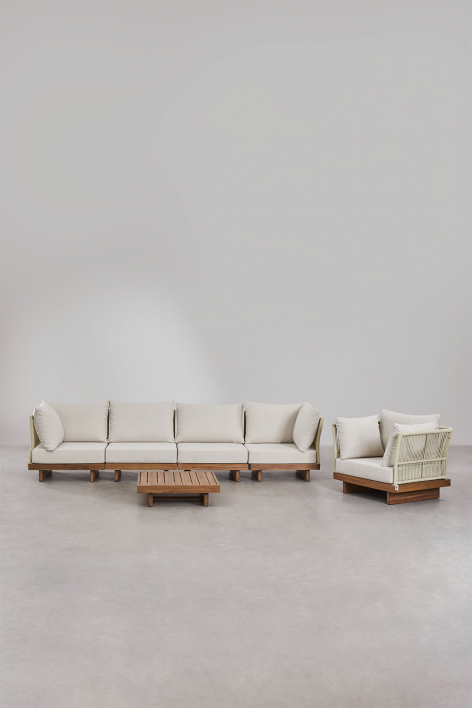 Woonkamerset met 4-delige modulaire bank met 2 hoekfauteuils, salontafel en fauteuil in Dailin acaciahout