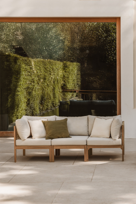 3-delige modulaire tuinbank met armleuningen van acaciahout Branson - Wit Gardenia - Bruin Acacia