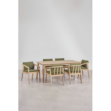 Rechthoekige Tafelset (180x90 Cm) En 6 Eetkamerstoelen In Kaela Acacia Hout Bouclé Leger Groen - Sklum
