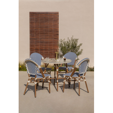 Set Ronde Tafel Ø80 Cm En 4 Stapelbare Tuinstoelen In Aluminium En Kunststof Rotan Brielle Bistro Ken Blauw - Gardenia Wit - Sklum