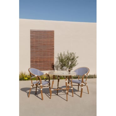 Set Ronde Tafel Ø80 Cm En 2 Stapelbare Tuinstoelen Met Aluminium Armleuningen Brielle Bistro Ken Blauw - Gardenia Wit - Sklum