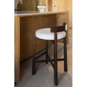 Hoge Kruk In Eikenhout En Manila Bekleding Donker Hout & ↑65 Cm & Bouclé Wit - Sklum