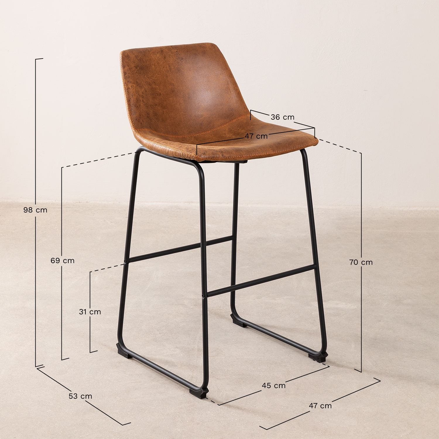 Verpakking van 2 Ody Style hoge krukken met imitatieleren bekleding, AFMETINGEN