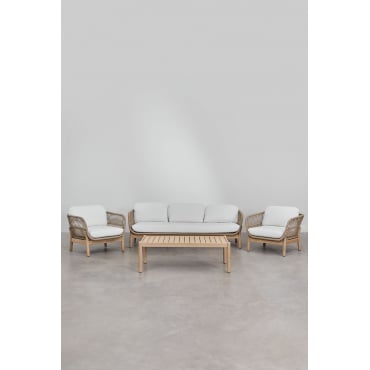 Karvia Tuinset Met 3-zitsbank, 2 Fauteuils En Salontafel In Aluminium En Acaciahout Stof Gardenia Wit - Sklum