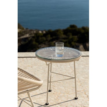 Ronde Tuintafel Ø45 Cm In Staal En Synthetisch Riet Acapulco Tapioca Beige - Sklum