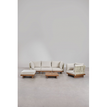 Woonkamerset Met 3-delige Modulaire Bank Met 2 Hoekfauteuils, Salontafel, Fauteuil En Voetenbank In Dailin Acaciahout Acacia Bruin - Sklum