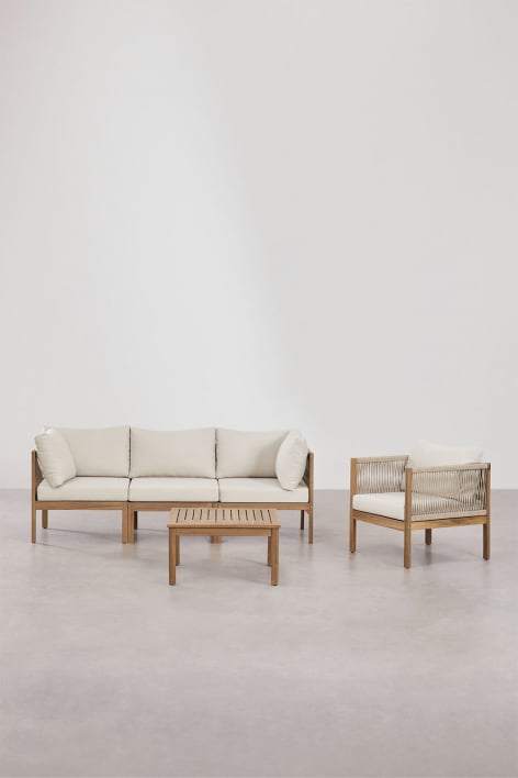 Woonkamerset met 3-delige modulaire bank met armleuningen, fauteuil en salontafel in Branson acaciahout