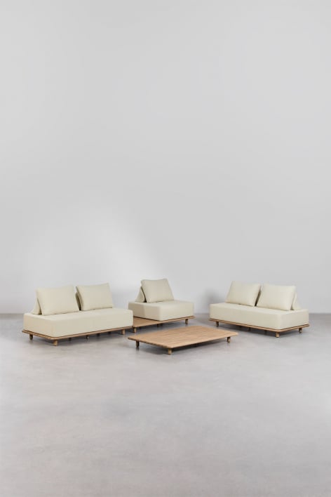 Woonkamer set met modulaire 2-delige bank en bijzettafel, bank en salontafel 160x95 cm in acacia Portet