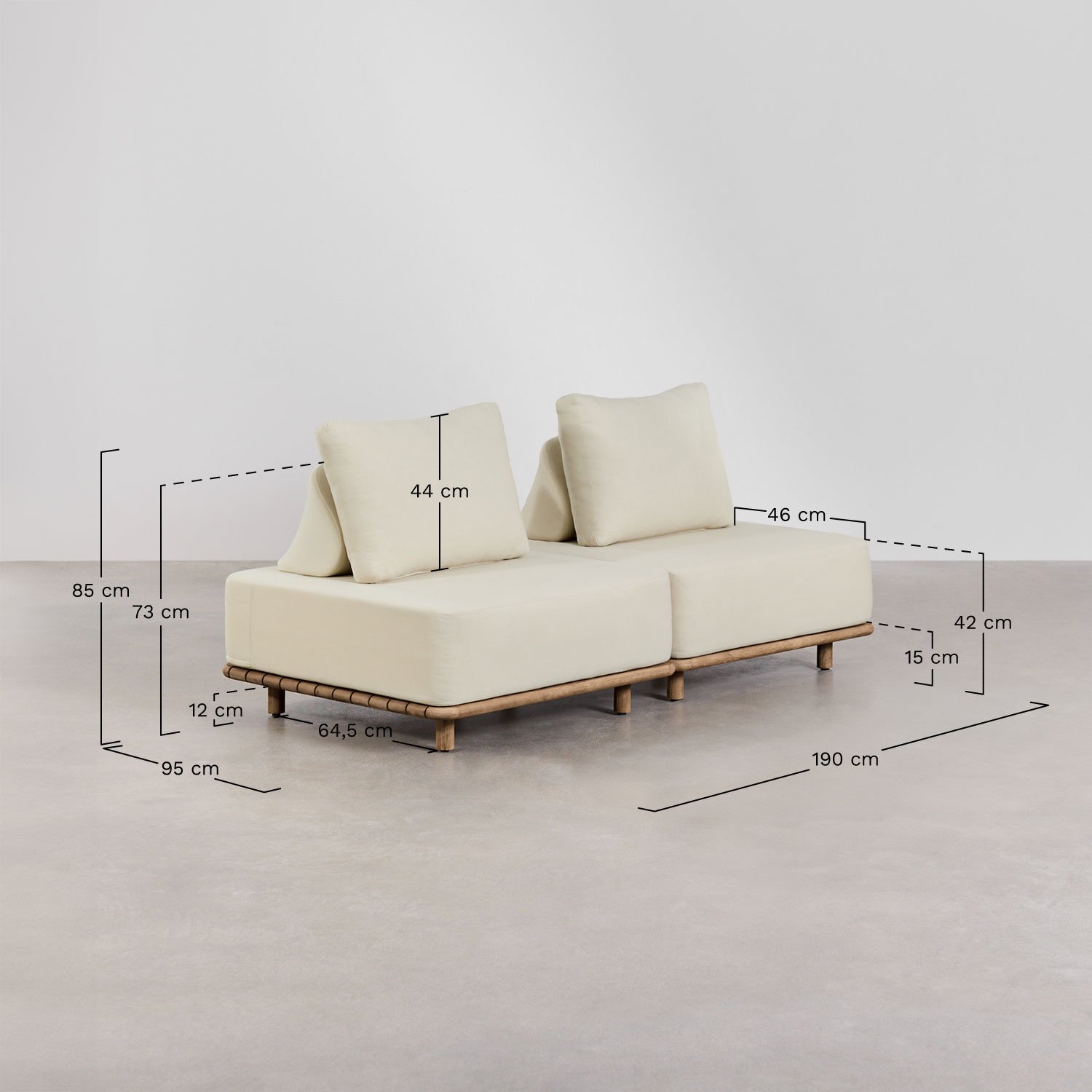 Tuinset met 2-delige modulaire bank en salontafel 95x95 cm in acacia Portet, AFMETINGEN