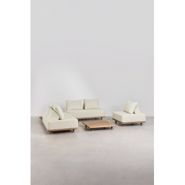 Woonkamerset Met Een 2-delige Modulaire Hoekbank, Bijzettafel, Fauteuil En Salontafel 95x95 Cm In Portet Acacia Gardenia Wit - Sklum