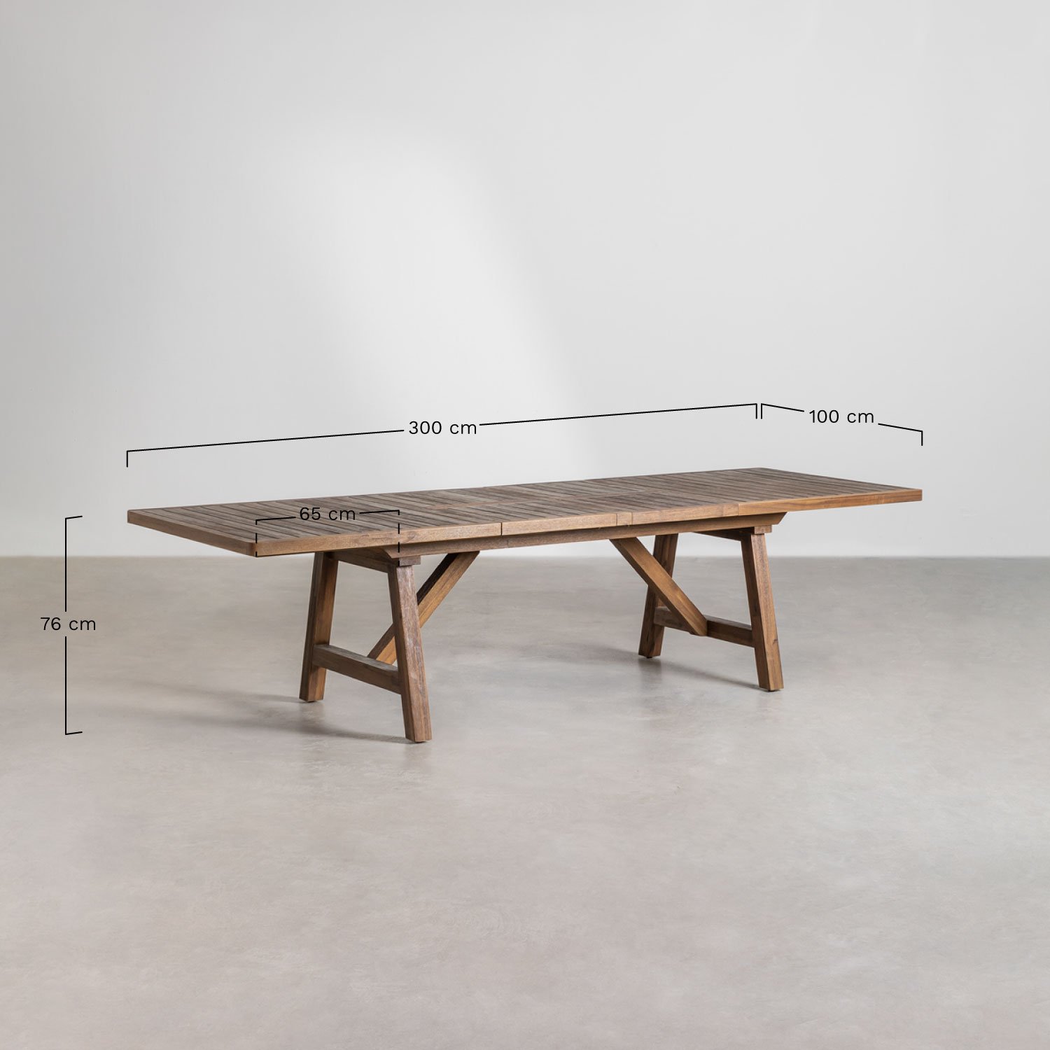 Uitschuifbare rechthoekige tafelset 200-260-320x100 cm en 8 eetkamerstoelen met armleuningen in Dubai acaciahout     , AFMETINGEN