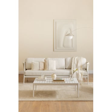 Woonkamerset Met 3-zitsbank In Bouclé Stof En Rechthoekige Salontafel 120x70 Cm In Aluminium Sereilen Gardenia Wit - Sklum