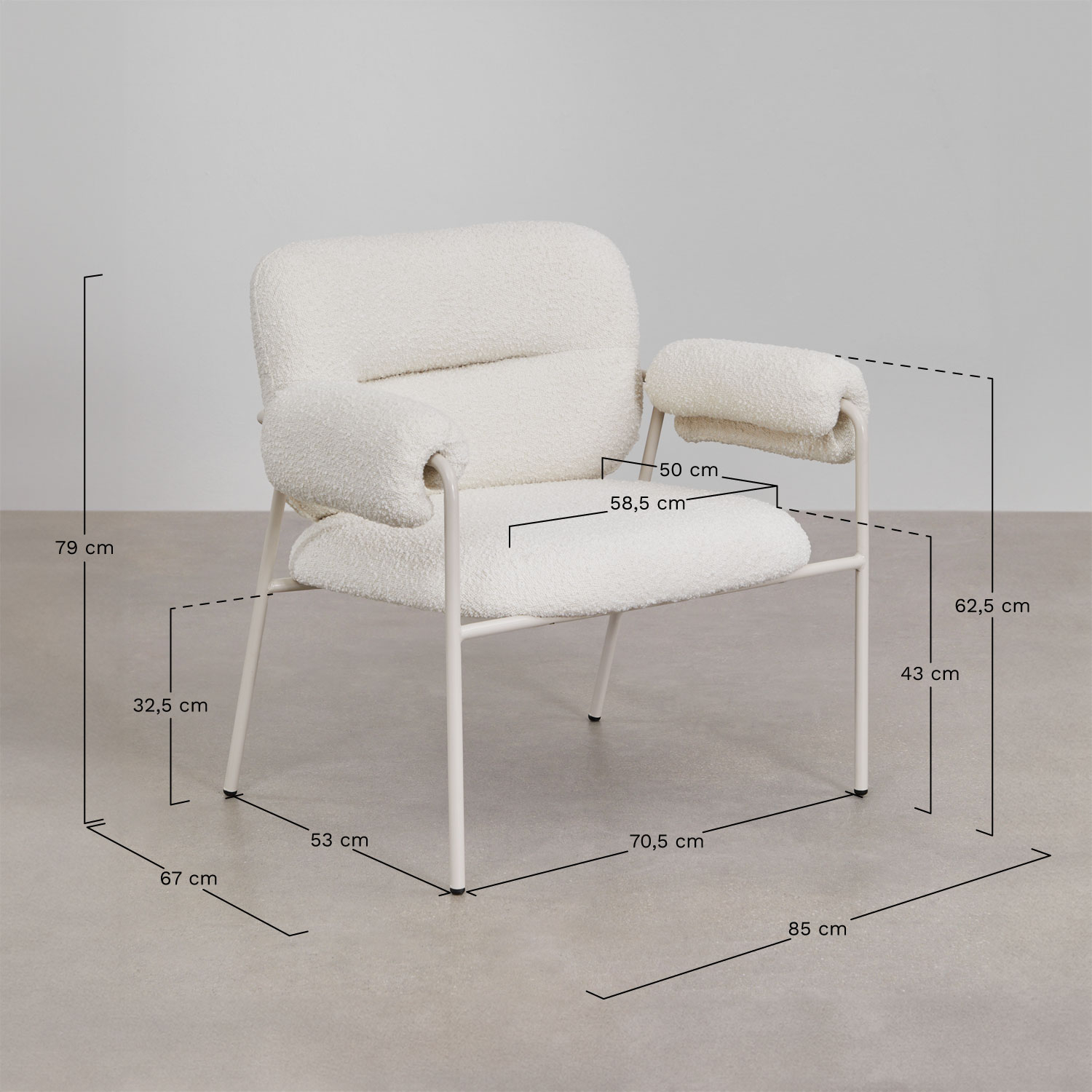 Fauteuil in bouclé-stof Hanko, AFMETINGEN