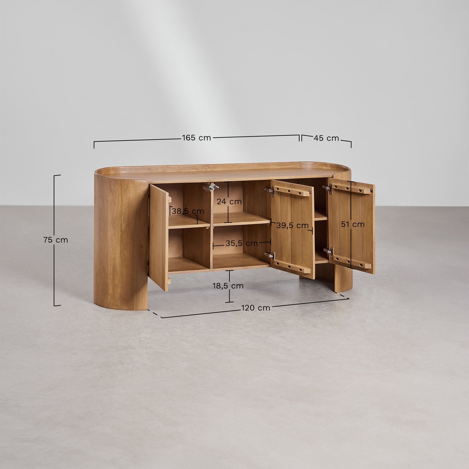 Dressoir 165x75 cm van mangohout Sidney, AFMETINGEN