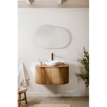 Badkamermeubelset Van Mangohout Analis Natuurlijk Hout & Rond Cement Wit Ø40 Cm Zavion & Ovaal Led En Anticondens 100x65 Cm Meunier & Zonder Kraan -
