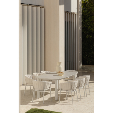 Uitschuifbare Rechthoekige Eettafelset 220-280x100 Cm In Keramiek Zinti En 8 Tuinstoelen In Aluminium En Stof Roderise Bouclé Natuurlijke Kleuren -