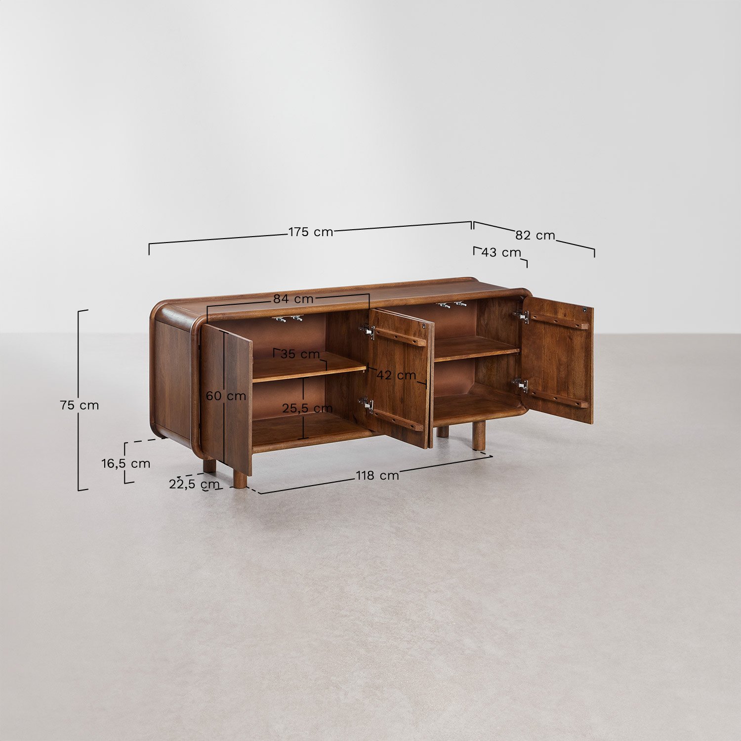 Gina mangohouten dressoir 175x43 cm  , AFMETINGEN