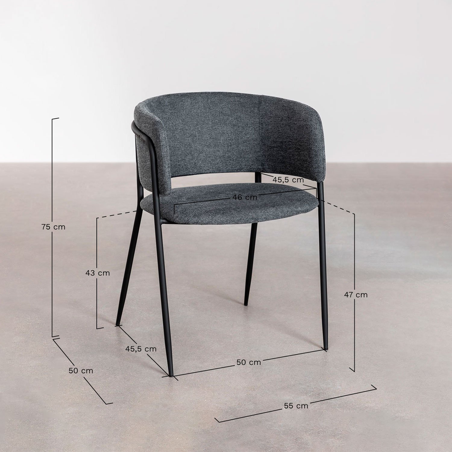 Set van 4 Nalon gestoffeerde eetkamerstoelen, AFMETINGEN