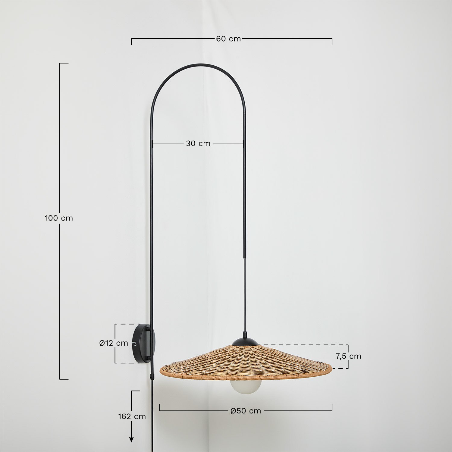 Sopant wandlamp in ijzer en synthetisch rotan, AFMETINGEN