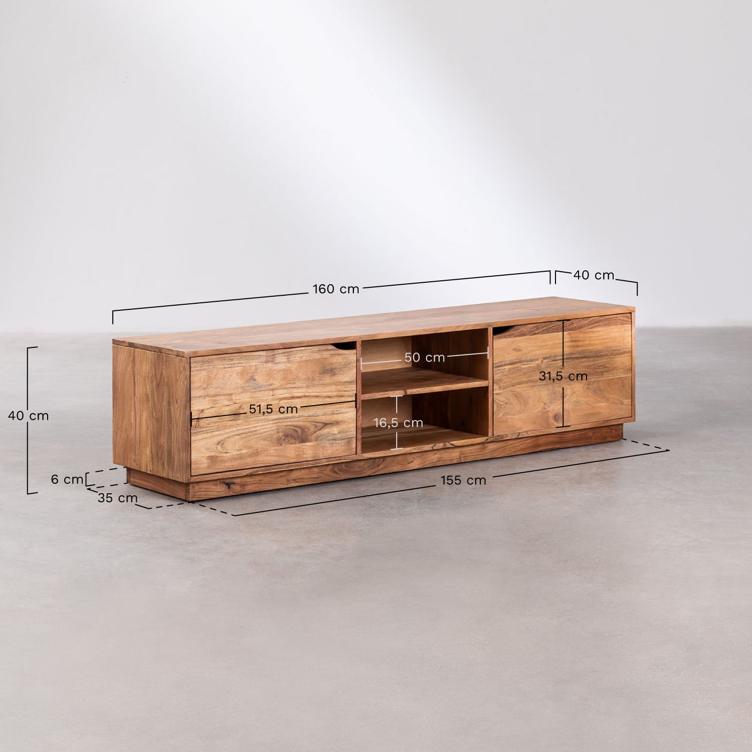 TV-meubel 160x40 cm met plank in Tasmani acaciahout, AFMETINGEN