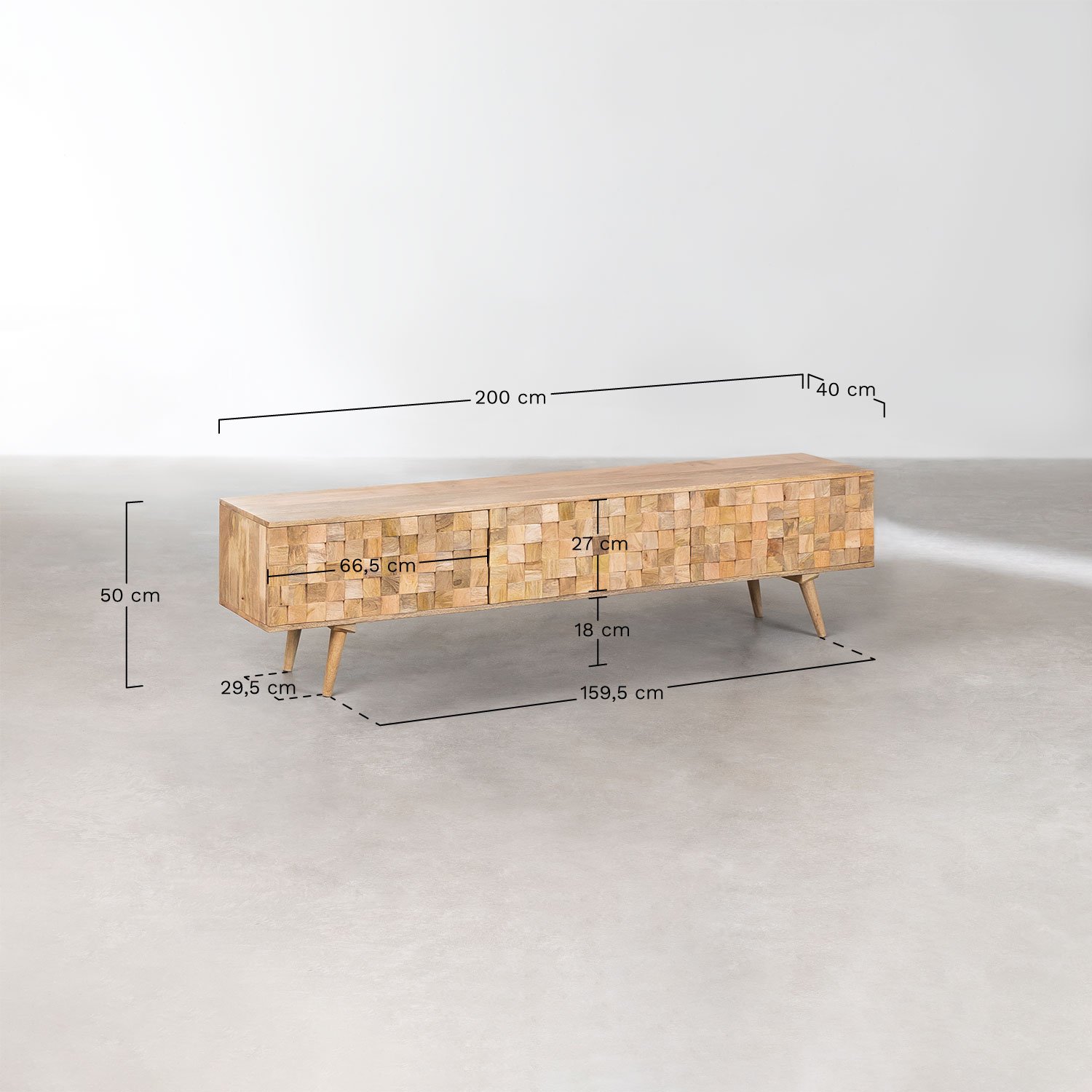 Jaralson tv-meubel 200x40 cm van mangohout, AFMETINGEN