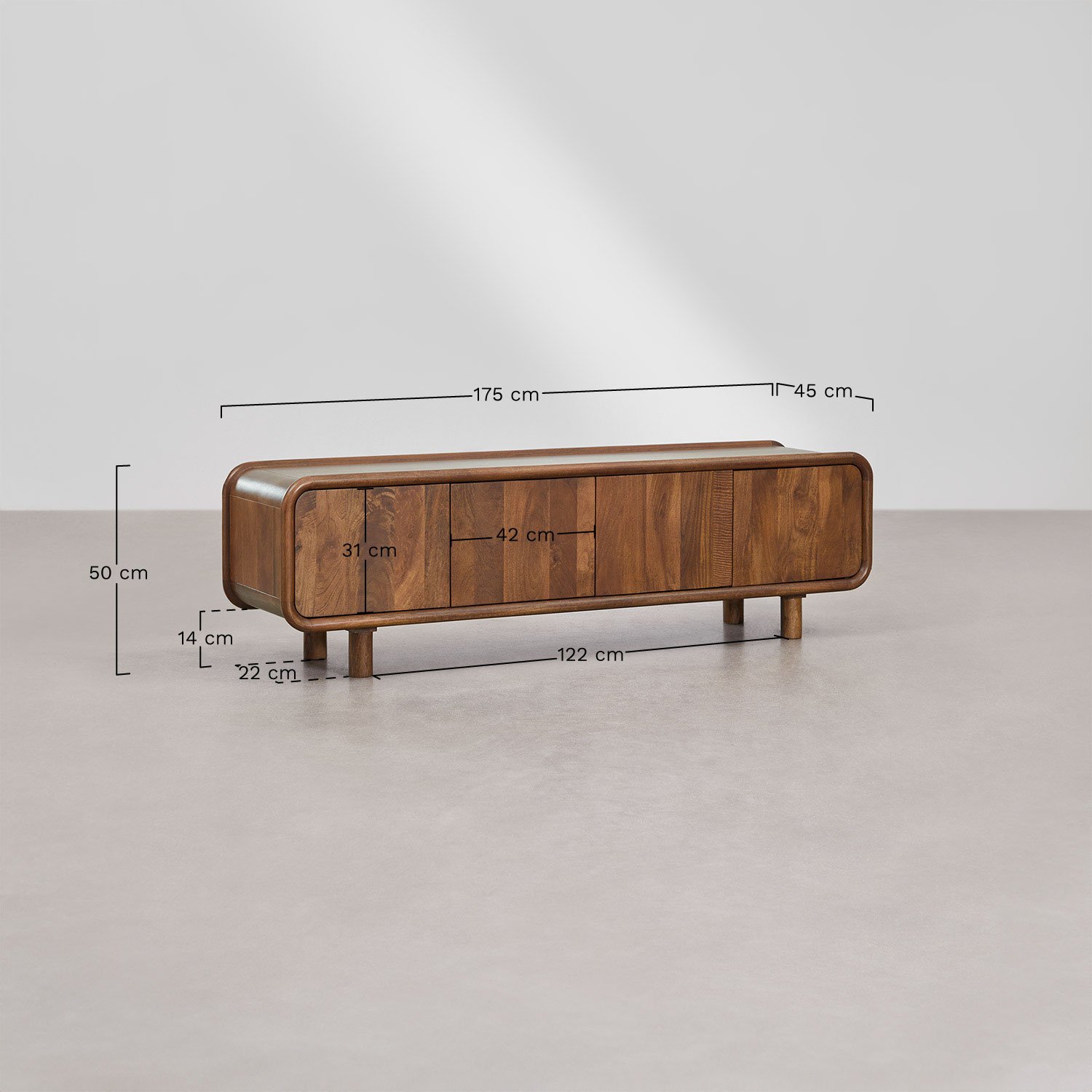 TV-meubel 175x45 cm in mangohout Gina, AFMETINGEN