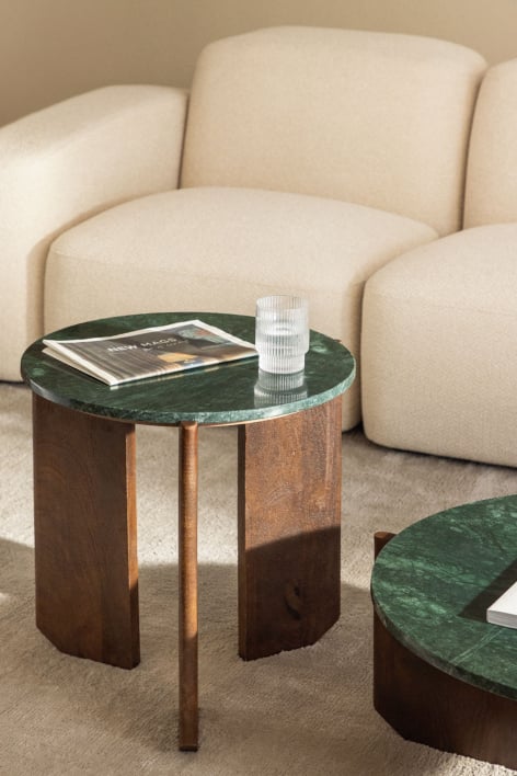 Ronde salontafel van natuursteen en mangohout Lavinia