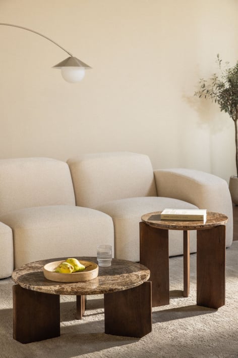 Set van 2 ronde salontafels in natuursteen en mangohout Lavinia