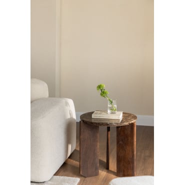 Lavinia Ronde Bijzettafel Ø50 Cm In Natuursteen En Mangohout Bruin Marmer & Donker Hout & Ø50 Cm - Sklum