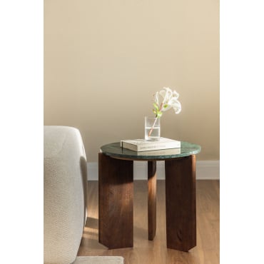 Lavinia Ronde Bijzettafel Ø50 Cm In Natuursteen En Mangohout Groen Marmer & Donker Hout & Ø50 Cm - Sklum