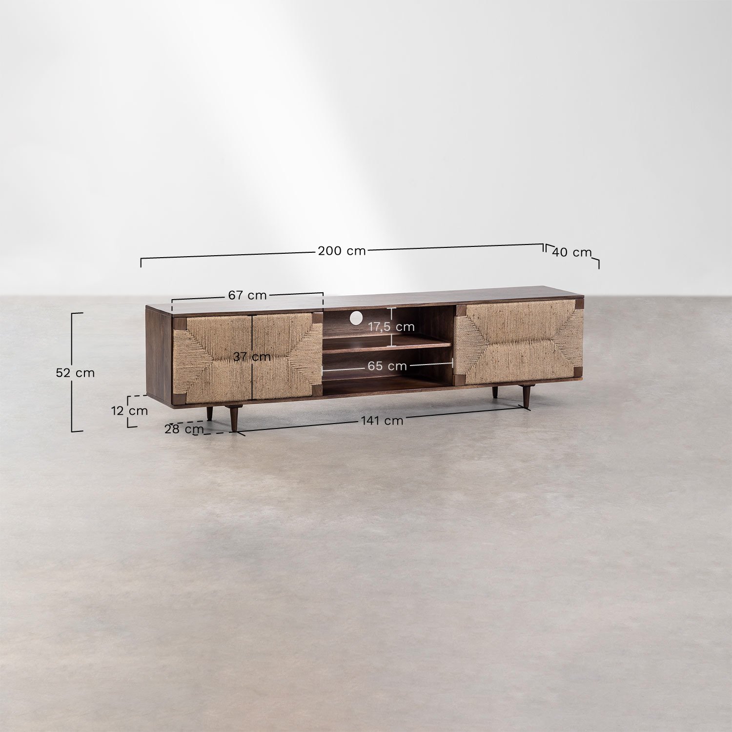 Evans tv-meubel 200x40 cm in mangohout en jute, AFMETINGEN