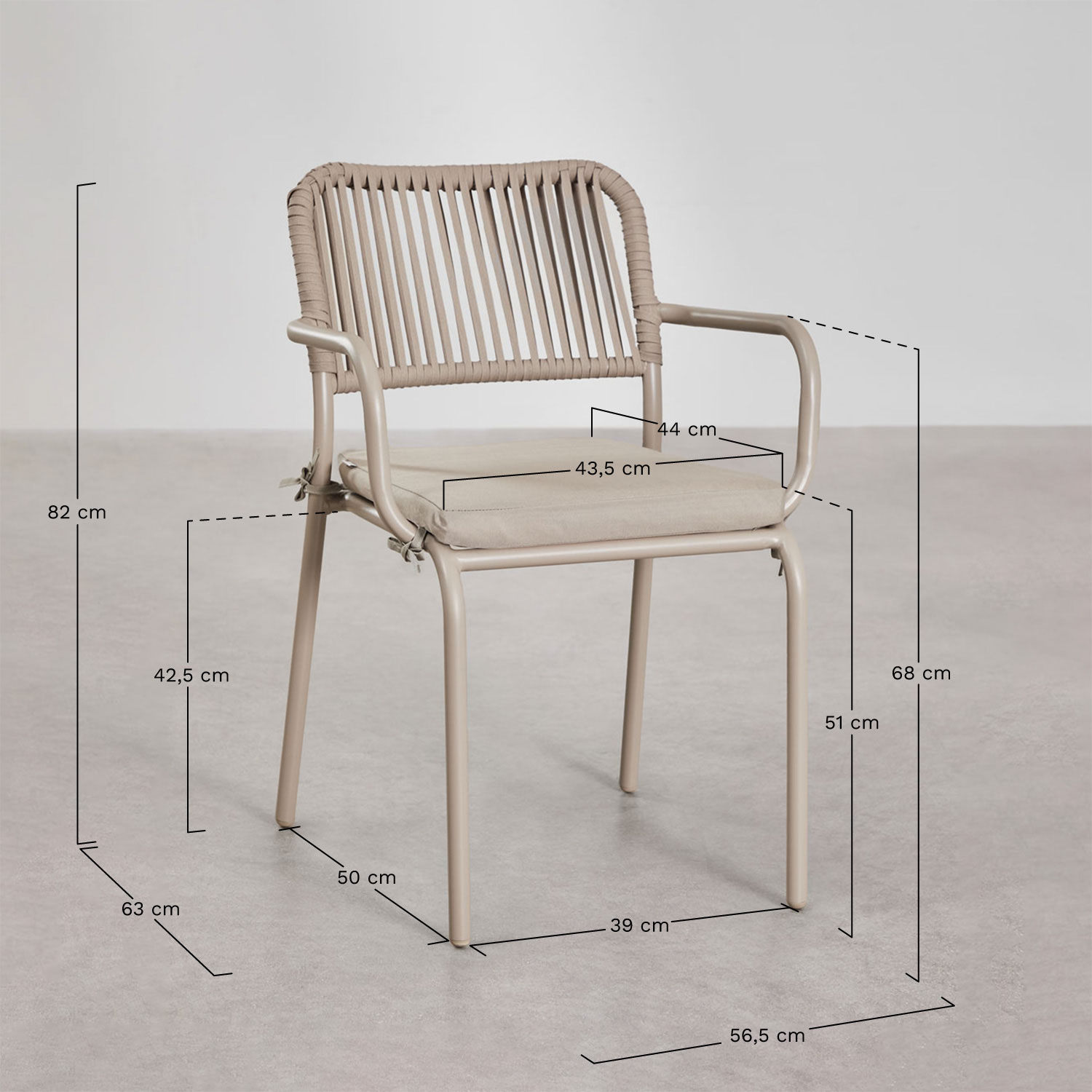 Rechthoekige tuintafelset 160x90 cm met 6 stapelbare tuinstoelen van gevlochten touw Arhiza, AFMETINGEN