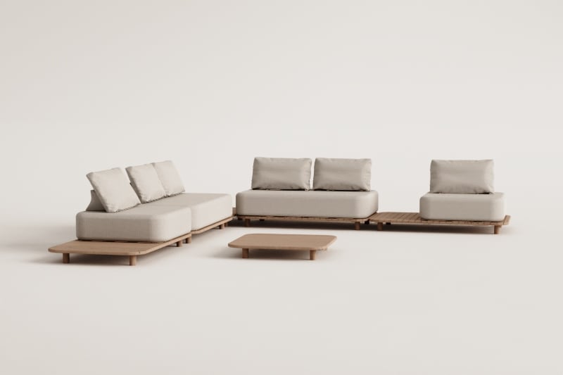 Woonkamerset met modulaire hoekbank van 4 delen met bijzettafel en salontafel 95x95 cm in acaciahout Portet