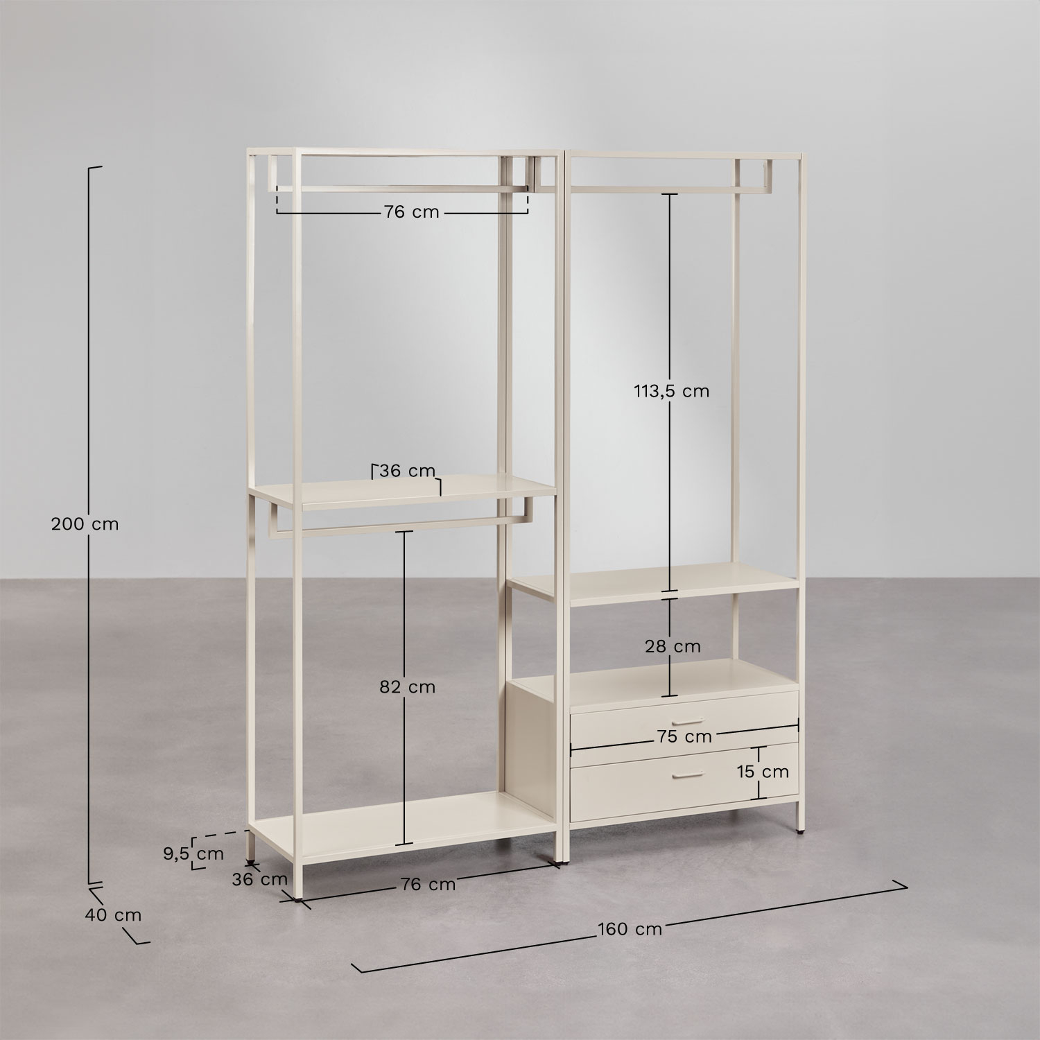 Janine 2-delige open modulaire kledingkast met lades, AFMETINGEN