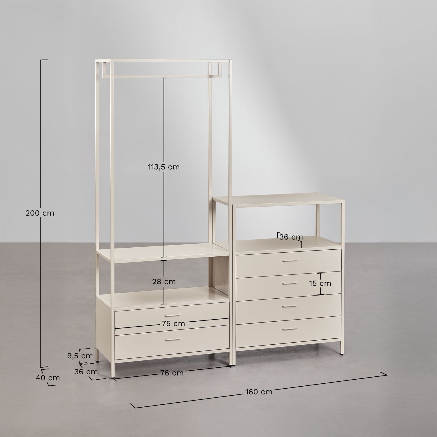 Janine 2-delige open modulaire kledingkast met kledingrek en lades, AFMETINGEN