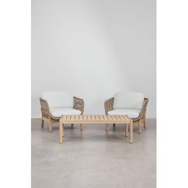 Woonkamerset Met 2 Stoelen Van Gevlochten Touw En Salontafel Van Acaciahout Karvia Lichte Acaciekleur & Stof Wit - Sklum