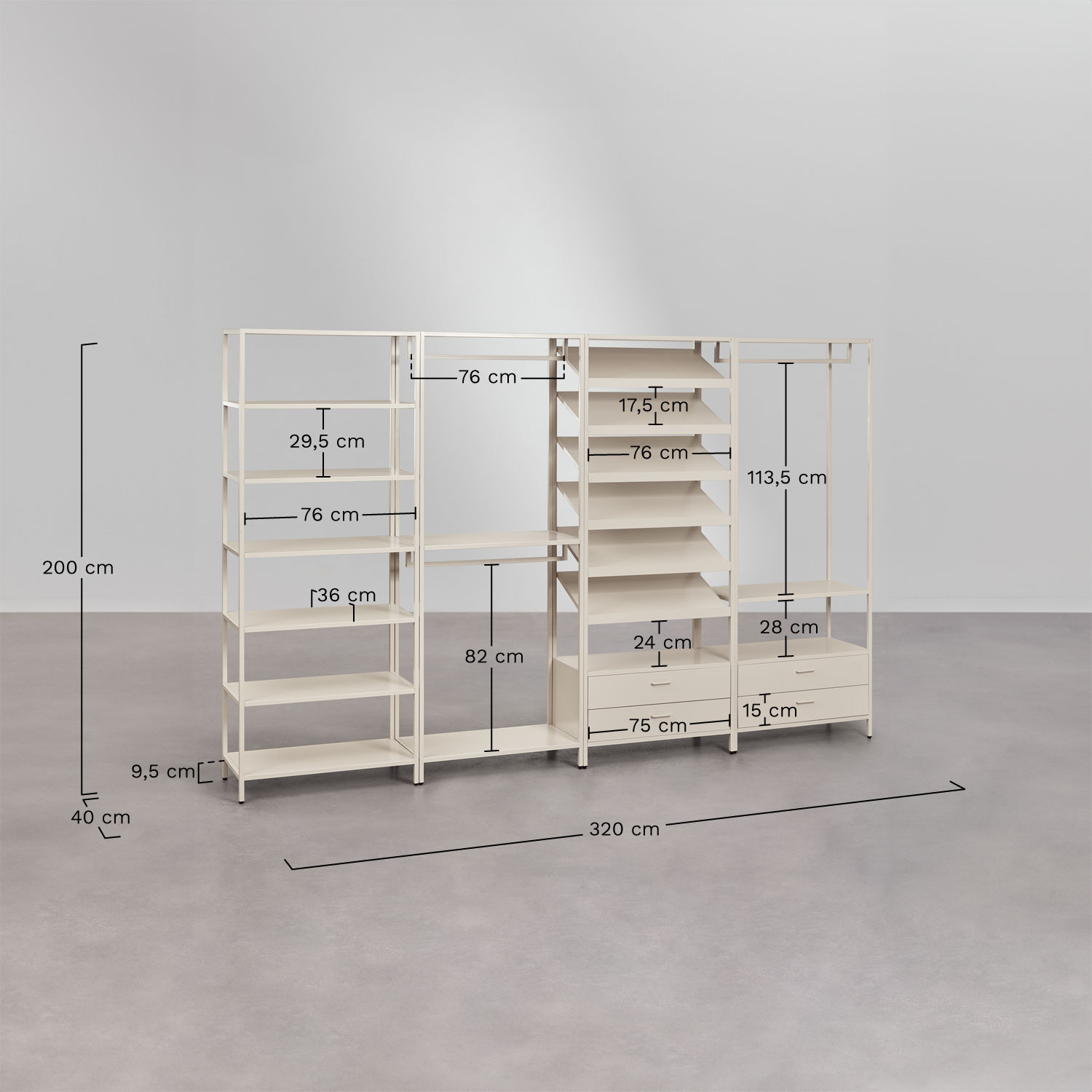 Janine 4-delige open modulaire kledingkast met stalen planken, AFMETINGEN