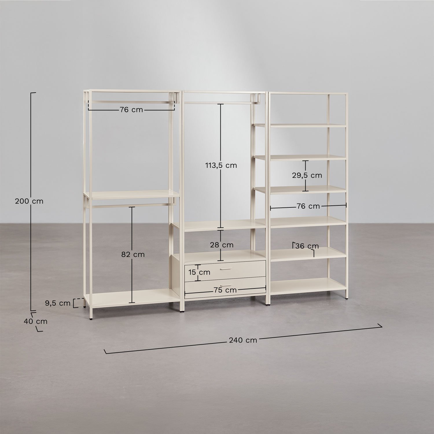 Janine 3-delige open modulaire kledingkast met stalen planken, AFMETINGEN