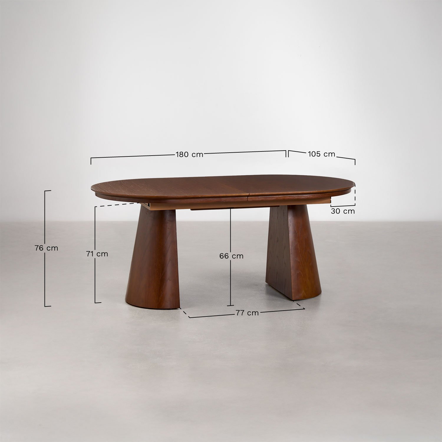 Ovale eettafel 180-240x105 cm uitschuifbaar in MDF en Montana eiken fineer, AFMETINGEN