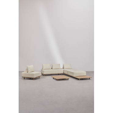 Woonkamerset Met 3-delige Modulaire Bank, Chaise Longue, Bijzettafel, Fauteuil En Salontafel 95x95 Cm In Portet Acacia Gardenia Wit - Sklum
