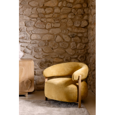 Jolie Chenille Stoffen Fauteuil Bruin – Natuurlijk Hout & Stof Chenille Mosterd - Sklum