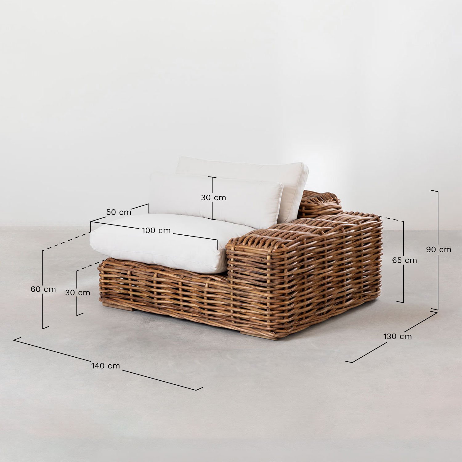 3-delige modulaire tuinbank met chaise longue links en poef in Milu rotan, AFMETINGEN